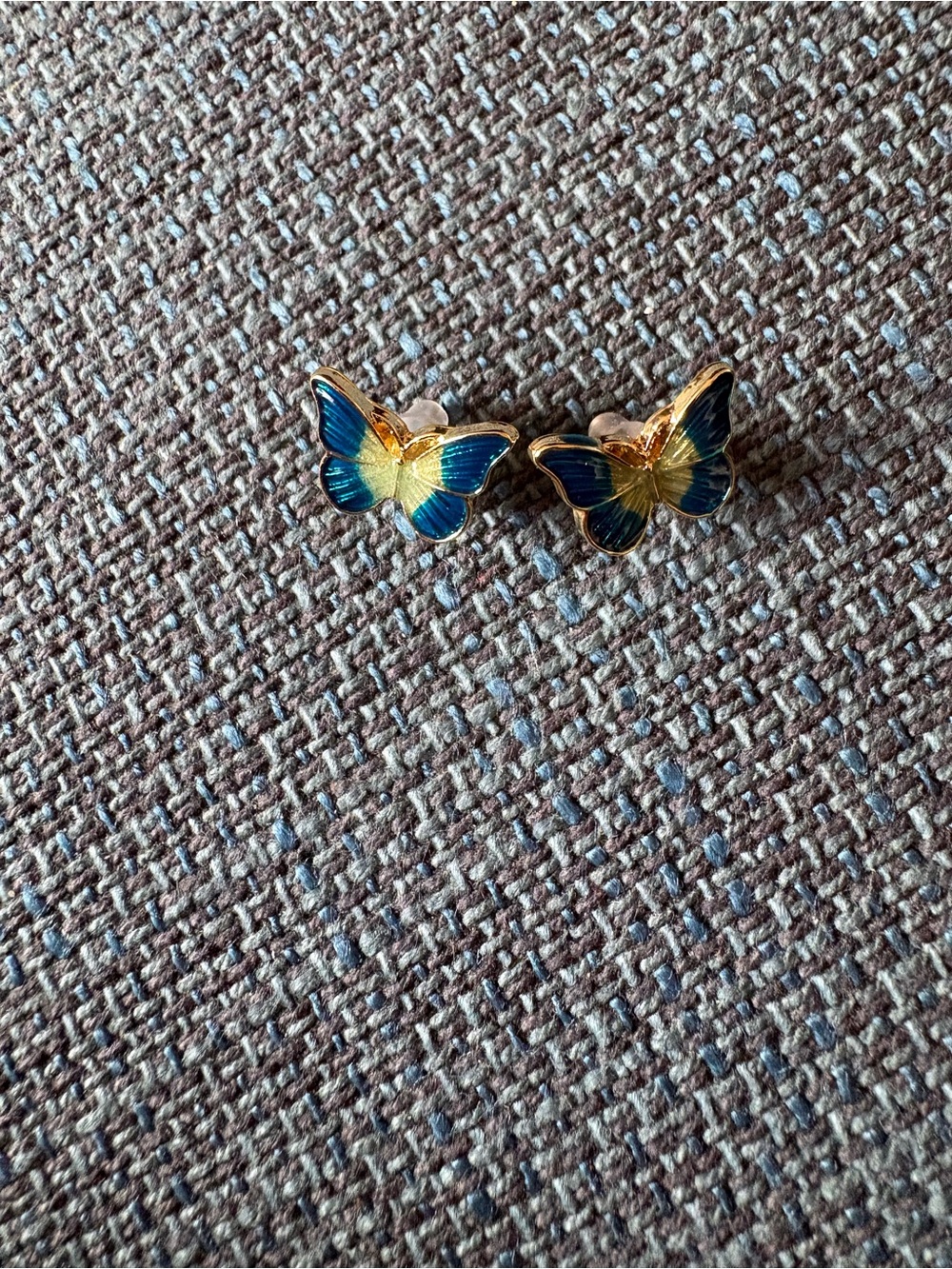 Gold Butterfly Stud Earrings with Blue and Yellow Enamel